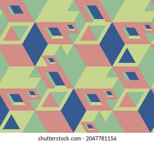 Geometric seamless pattern with the image of buildings, cities, boxes. Vector design for posters, paper, wallpapers, fabrics, cards. Isometry.
