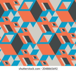 Geometric seamless pattern with the image of buildings, cities, boxes. Vector design for posters, paper, wallpapers, fabrics, cards. Isometry.