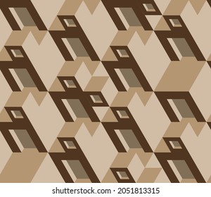 Geometric seamless pattern with the image of buildings, cities, boxes. Vector design for posters, paper, wallpapers, fabrics, cards. Isometry.