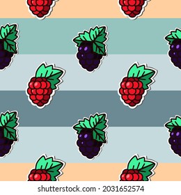 Geometric seamless pattern with the image of raspberries and hedgehogs. Seamless texture for the design of summer clothes from natural fabrics. 
