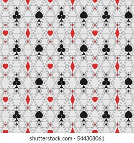 Geometric seamless pattern. Infinitely repeating pattern of thin lines and symbols of playing cards.