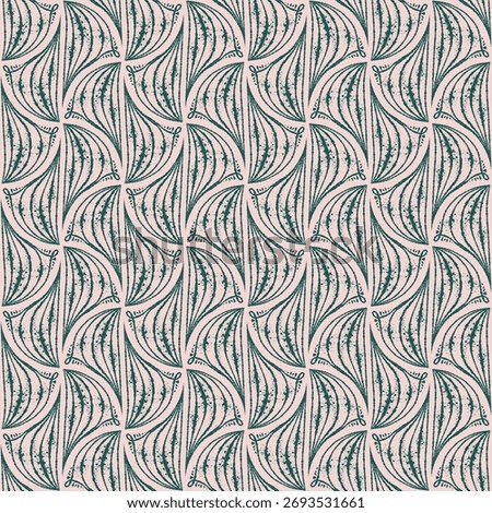 Geometric seamless pattern with ink line texture forming elegant fan shape. Hand drawn vector lineart with light pink and green contrast. Ideal for wallpaper textile design and sketch style templates.