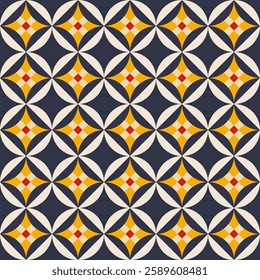 Geometric Seamless Pattern with Interlocking Circle and Star Shape in Navy, Yellow, Red. Retro Patten for fabric, wallpaper, decorative, woven, textile, wallpapers, Wrapping paper. Vector Illustration
