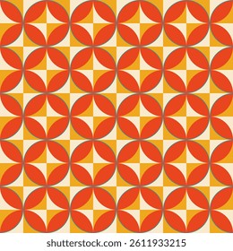 Geometric seamless pattern with interlocking circles, squares in yellow, orange. Yellow diamonds in cream frames. Retro Pattern for textiles, wallpapers, background in flat design. Vector Illustration