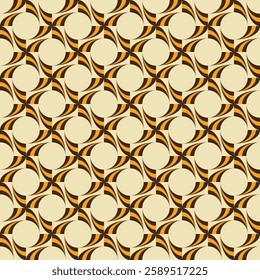 Geometric seamless pattern with interlocking circular shapes on light beige background. Featuring concentric circles in dark brown, orange, dynamic, swirling effect. Pattern for wallpapers. Vector.