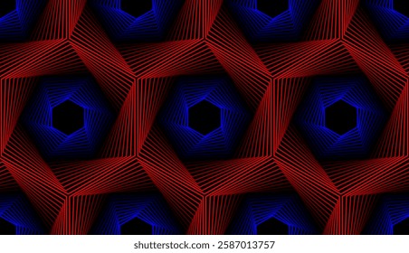 Geometric seamless pattern with interwoven red-blue pentagons forming a deep optical illusion. Ideal for futuristic prints, digital art, and modern textile designs.