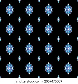 Geometric seamless pattern with jewelry crystals. Large and small jewels, diamonds, gemstones on black background. For textile, gift wrapping paper design