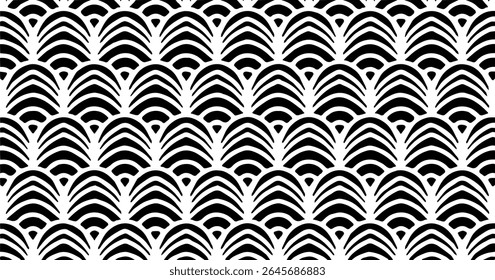 Geometric seamless pattern with layered arches in black and white. A classic design inspired by traditional Japanese seigaiha waves.