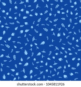 Geometric seamless pattern of leaves. Leaves of trees on a blue background. Vector illustration.