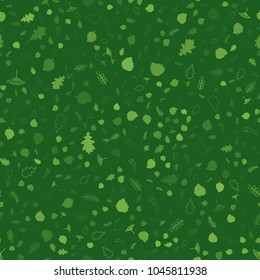 Geometric seamless pattern of leaves. Leaves of trees on a green background. Vector illustration.
