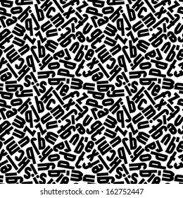 Geometric seamless pattern with letters, black and white vector background. 
