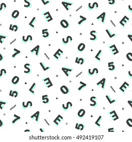 Geometric seamless pattern with letters in retro 80s-90s style. Memphis trendy art. Abstract poster, surface, card design, textile fabric. Vector illustration