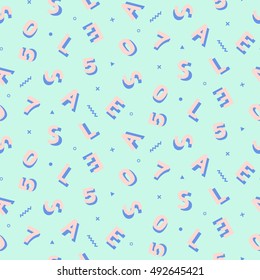 Geometric seamless pattern with letters in retro 80s-90s style. Memphis trendy art. Abstract poster, surface, card design, textile fabric. Vector illustration