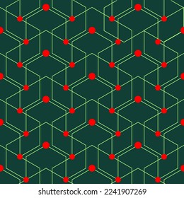 Geometric seamless pattern with light green lines and ren dots on green background