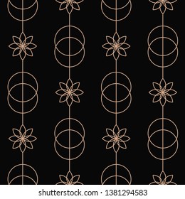 Geometric seamless pattern in line art style. Black and gold abstract background with flowers and circles.