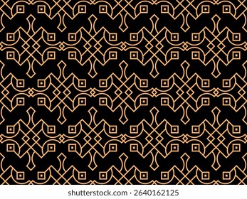 Geometric seamless pattern in line art style. Art deco geometric pattern of golden lines on a black background. Vintage linear style. Design for wallpapers, wrappers and banners. Vector illustration