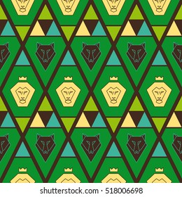 Geometric  seamless pattern with  lion  and  wolf. Vector. Green, yellow, blue, brown.