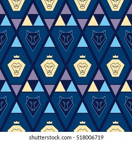 Geometric  seamless pattern with  lion  and  wolf. Vector. Blue, yellow, violet.