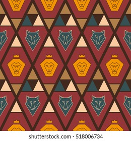 Geometric  seamless pattern with  lion  and  wolf. Vector. Terracota, yellow,brown, green.