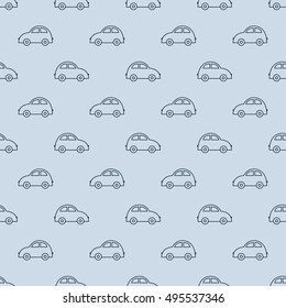 Geometric seamless pattern with little car on the blue background. Vector illustration.