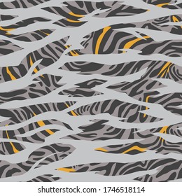 Geometric seamless pattern made of rough borders stripes mixed with curved wavy lines. Artistic zebra striped animal skin background. Rippled texture ornament. 