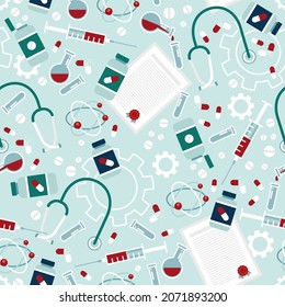 Geometric seamless pattern of medical items. Medicines, syringe, flask, stethoscope, jars and more in light colors. The background is medical.