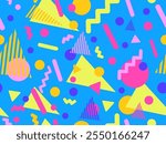 Geometric seamless pattern with memphis elements in 80s style. Colorful geometric pattern. Design of promotional products, wrapping paper and printing. Vector illustration