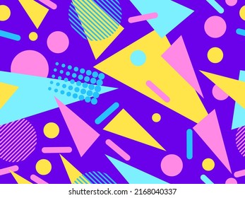 Geometric seamless pattern with memphis elements in 80s style. Colorful geometric pattern. Design of promotional products, wrapping paper and printing. Vector illustration
