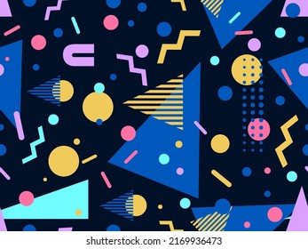 Geometric seamless pattern with memphis elements in 80s style. Colorful geometric pattern. Design of promotional products, wrapping paper and printing. Vector illustration