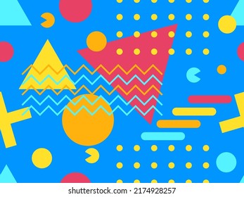 Geometric seamless pattern with memphis elements in 80s style. Colorful geometric pattern. Design of promotional products, wrapping paper and printing. Vector illustration