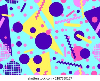 Geometric seamless pattern with memphis elements in 80s style. Colorful dotted background with geometric shapes. Design of promotional products, wrapping paper and printing. Vector illustration