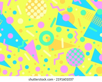 Geometric seamless pattern with memphis elements in 80s style. Colorful geometric pattern. Design of promotional products, wrapping paper and printing. Vector illustration