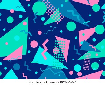 Geometric seamless pattern with memphis elements in 80s style. Colorful geometric pattern. Design of promotional products, wrapping paper and printing. Vector illustration