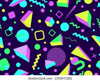 Geometric seamless pattern with memphis elements in 80s style. Colorful geometric pattern. Design of promotional products, wrapping paper and printing. Vector illustration