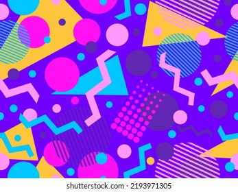 Geometric seamless pattern with memphis elements in 80s style. Colorful geometric pattern. Design of promotional products, wrapping paper and printing. Vector illustration