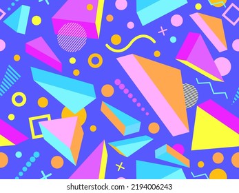 Geometric seamless pattern with memphis elements in 80s style. Colorful geometric pattern. Design of promotional products, wrapping paper and printing. Vector illustration