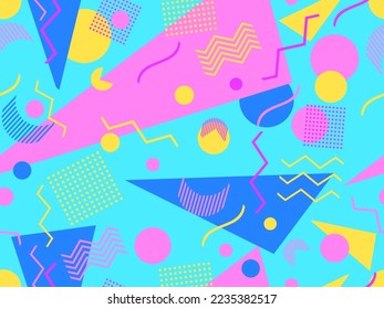 Geometric seamless pattern with memphis elements in 80s style. Colorful geometric pattern. Design of promotional products, wrapping paper and printing. Vector illustration