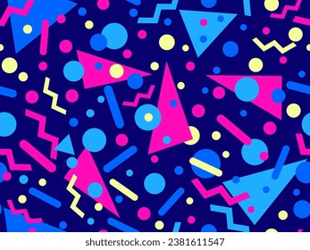 Geometric seamless pattern with memphis elements in 80s style. Colorful geometric pattern. Design of promotional products, wrapping paper and printing. Vector illustration