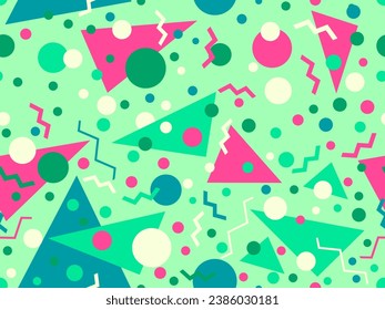 Geometric seamless pattern with memphis elements in 80s style. Colorful geometric pattern. Design of promotional products, wrapping paper and printing. Vector illustration