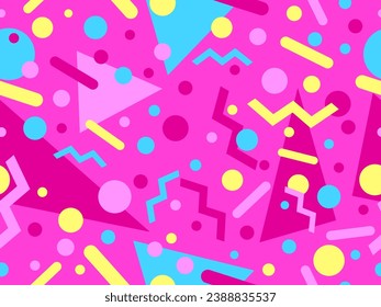Geometric seamless pattern with memphis elements in 80s style. Colorful geometric pattern. Design of promotional products, wrapping paper and printing. Vector illustration