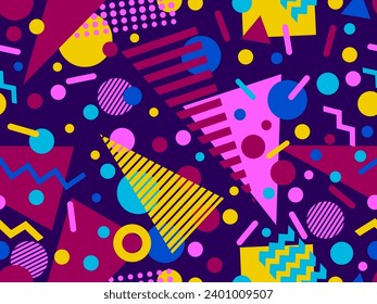 Geometric seamless pattern with memphis elements in 80s style. Colorful geometric pattern. Design of promotional products, wrapping paper and printing. Vector illustration