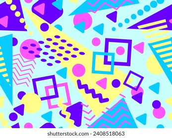 Geometric seamless pattern with memphis elements in 80s style. Colorful geometric pattern. Design of promotional products, wrapping paper and printing. Vector illustration