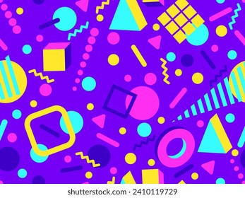 Geometric seamless pattern with memphis elements in 80s style. Colorful geometric 3d shapes. Design of promotional products, wrapping paper and printing. Vector illustration