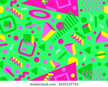 Geometric seamless pattern with memphis elements in 80s style. Colorful geometric 3d shapes. Design of promotional products, wrapping paper and printing. Vector illustration