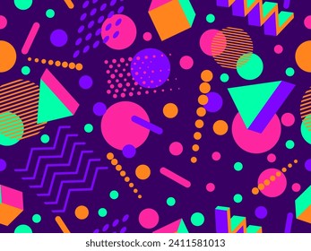 Geometric seamless pattern with memphis elements in 80s style. Colorful geometric 3d shapes. Design of promotional products, wrapping paper and printing. Vector illustration