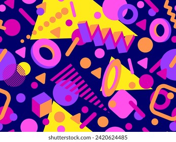 Geometric seamless pattern with memphis elements in 80s style. Colorful geometric pattern. Design of promotional products, wrapping paper and printing. Vector illustration