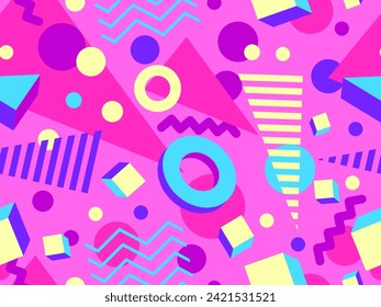 Geometric seamless pattern with memphis elements in 80s style. Colorful geometric pattern. Design of promotional products, wrapping paper and printing. Vector illustration