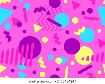 Geometric seamless pattern with memphis elements in 80s style. Colorful geometric pattern. Design of promotional products, wrapping paper and printing. Vector illustration