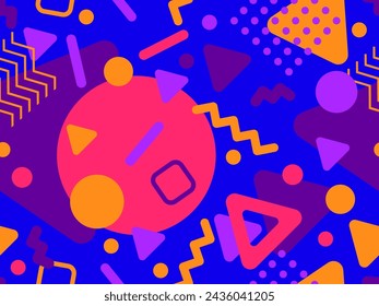 Geometric seamless pattern with memphis elements in 80s style. Colorful geometric pattern. Design of promotional products, wrapping paper and printing. Vector illustration