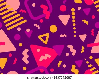 Geometric seamless pattern with memphis elements in 80s style. Colorful geometric pattern. Design of promotional products, wrapping paper and printing. Vector illustration
